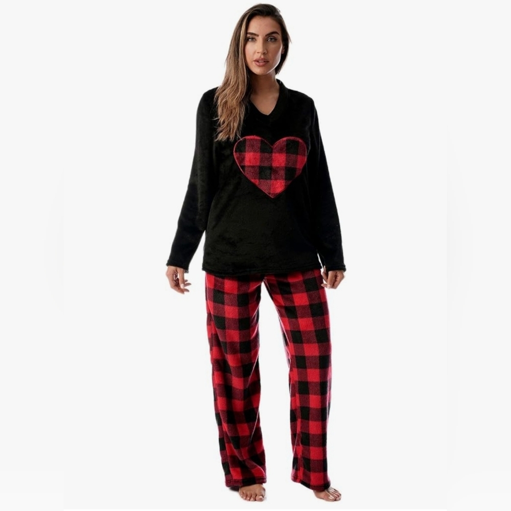 Cozy Black and Red Buffalo Plaid Heart Pajama Set